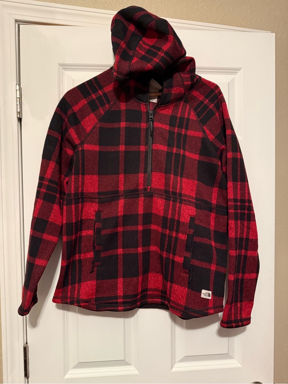 The North Face Red and Black Plaid Hooded Fleece Pullover